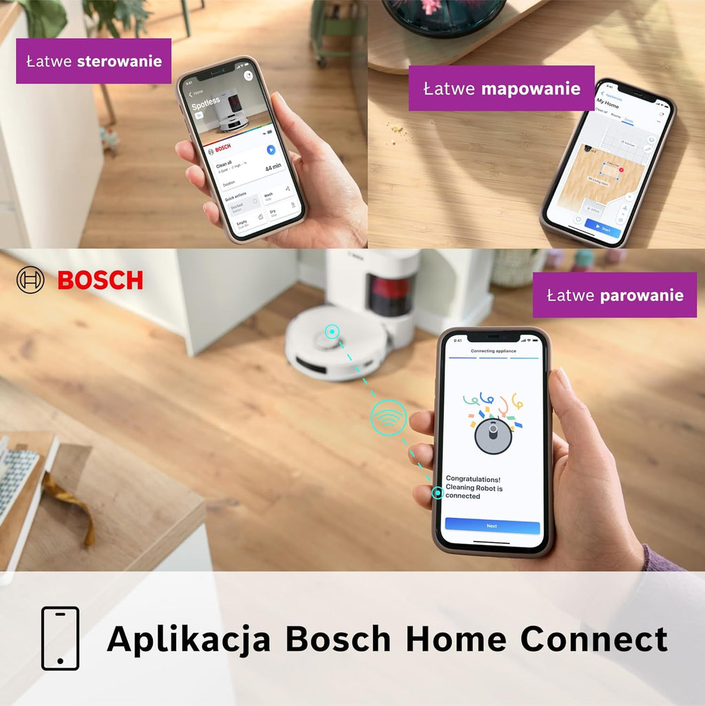 Bosch Spotless+ Robot sprzątający z funkcją mopowania, moc ssania 11 000 Pa, statyczna nakładka mopującą, stacja czyszczącą, nawigacją Smart Vision, aplikacja Bosch Home Connect, BCRD1W, biały