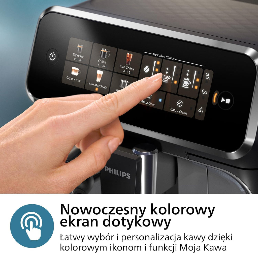 Philips 2200 Series Automatyczny ekspres do kawy - 2 rodzaje kawy, wyświetlacz dotykowy, klasyczny spieniacz do mleka, ceramiczny młynek, matowa czerń (EP2220/10)