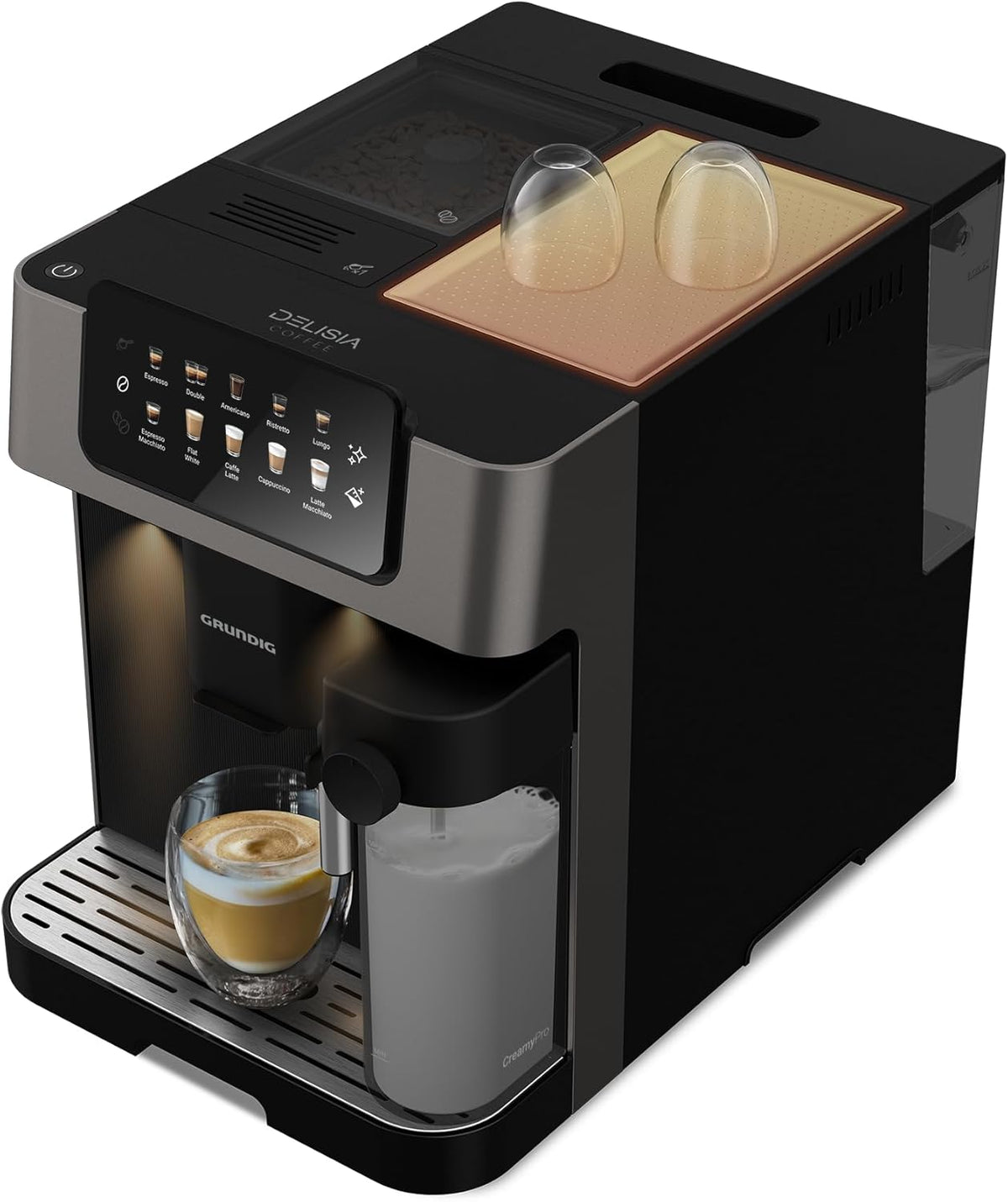 Grundig KVA 7230 ekspres do kawy, 10 specjałów do kawy, 13 stopni mielenia, pojemnik na mleko, wydajny 1350 W, ciśnienie pompy 19 bar, podwójna dysza, oświetlenie, czarny/ciemny srebrny