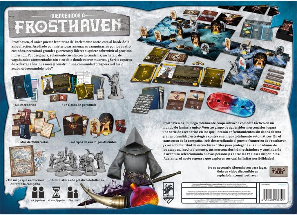 Cephalofair Games Frosthaven, kooperacyjna gra planszowa kampanijna, osadzona w mroźnym świecie, od 14 lat, 1-4 graczy, 30 minut gry na gracza, wersja hiszpańska
