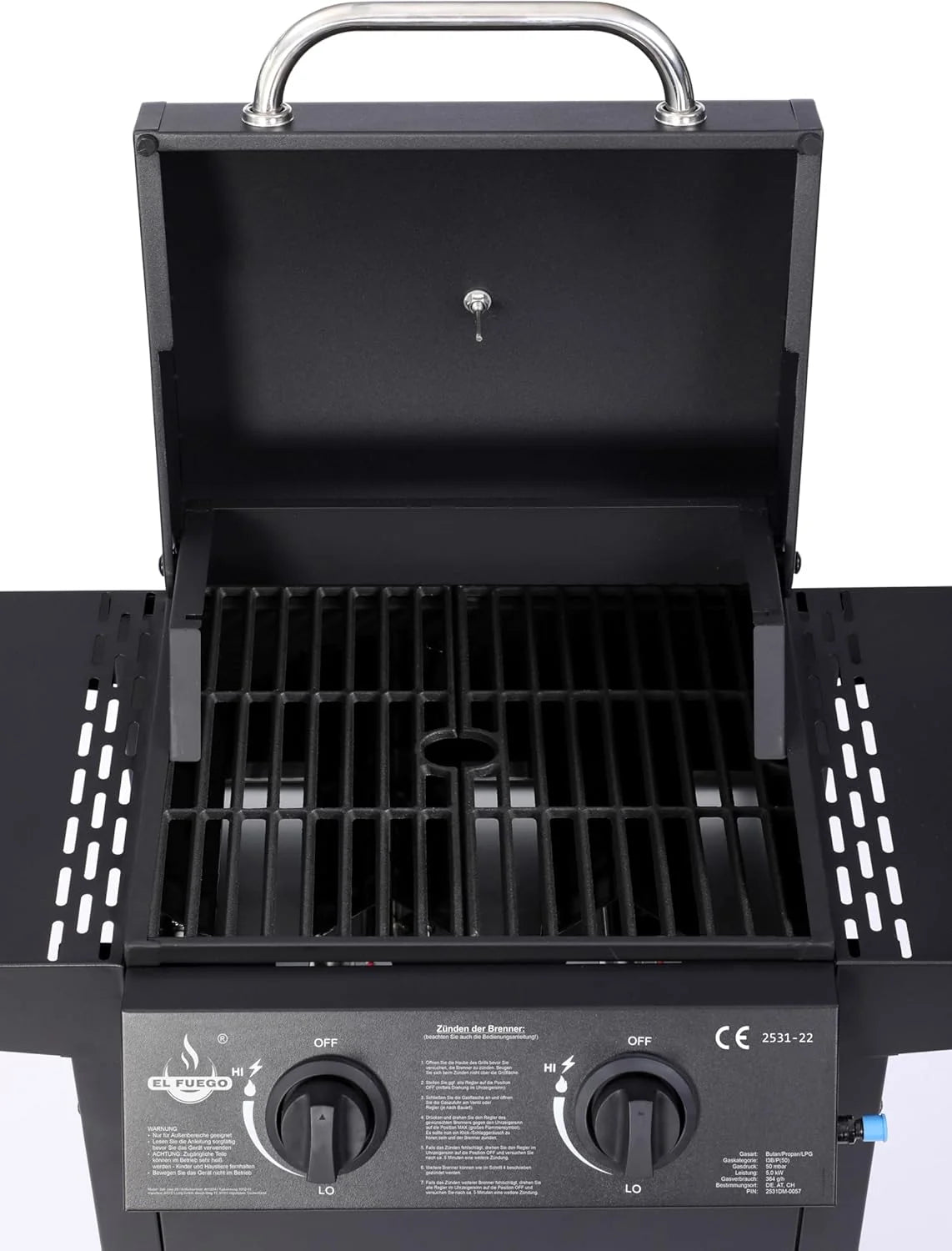Grill gazowy El Fuego® „San Jose 2 palniki” z wężem gazowym i reduktorem ciśnienia, ruszt żeliwny, z termometrem i dużymi półkami bocznymi, grill BBQ | AY0204