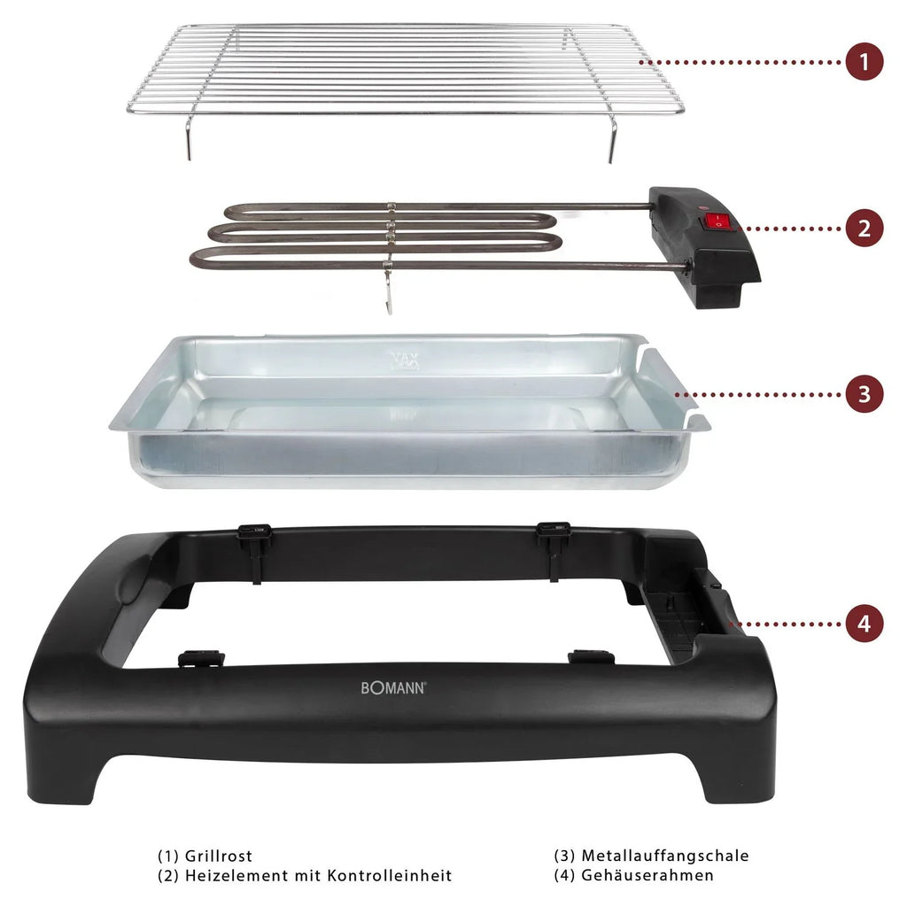 Bomann BQ 1240 - Grill Elektryczny Z Chromowanym Rusztem 35,5 X 24,5 Cm, 2000 W, Kolor Czarny