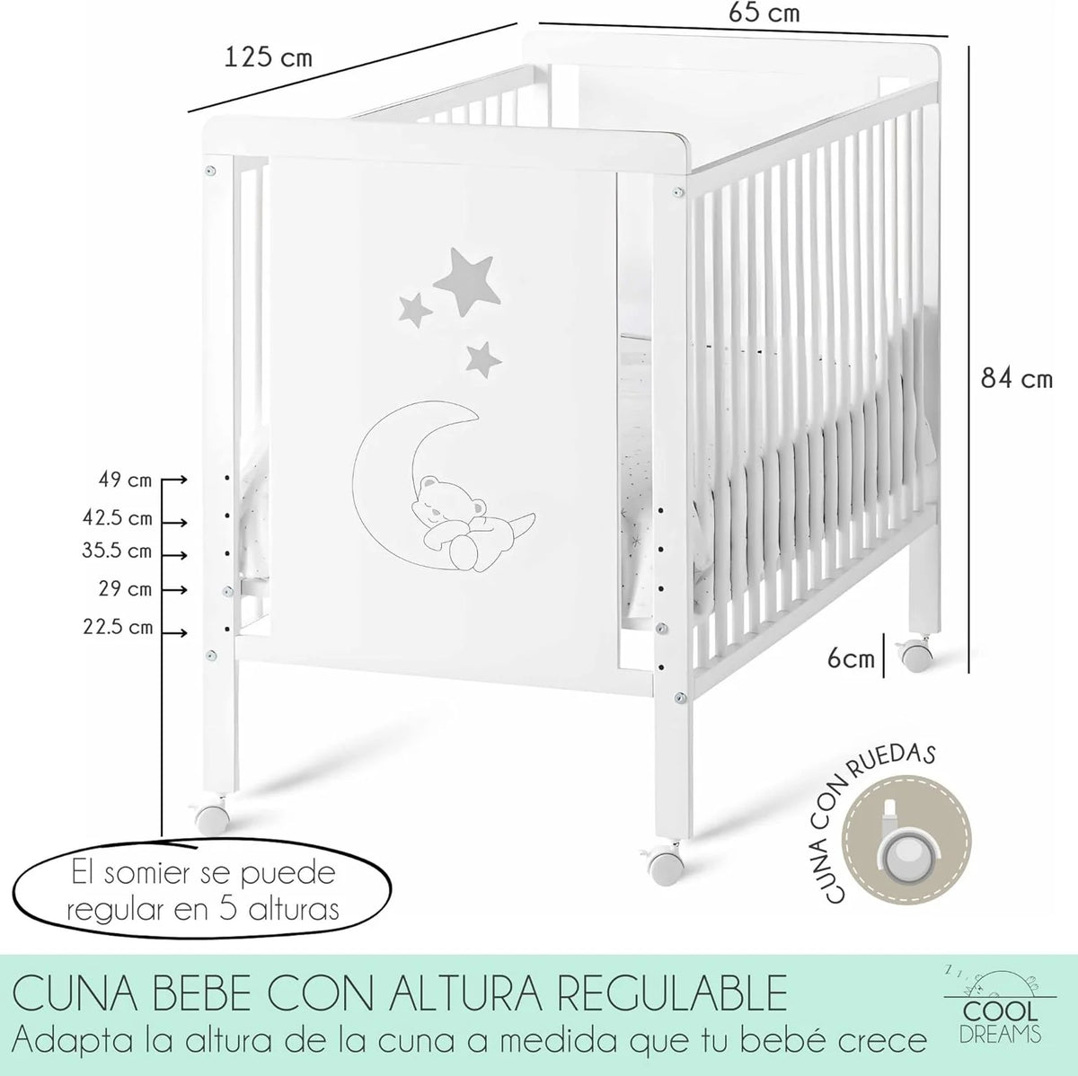 Cuna Colecho dla niemowląt, Zestaw do łączenia łóżeczka z łóżkiem, Materac HR Morfeo z certyfikatem Oeko-Tex® i CertiPUR, 4 kółka, Prześcieradło z gumką i poszwa na kołdrę z naturalnej bawełny. Indi CoolDreams CoolDreams