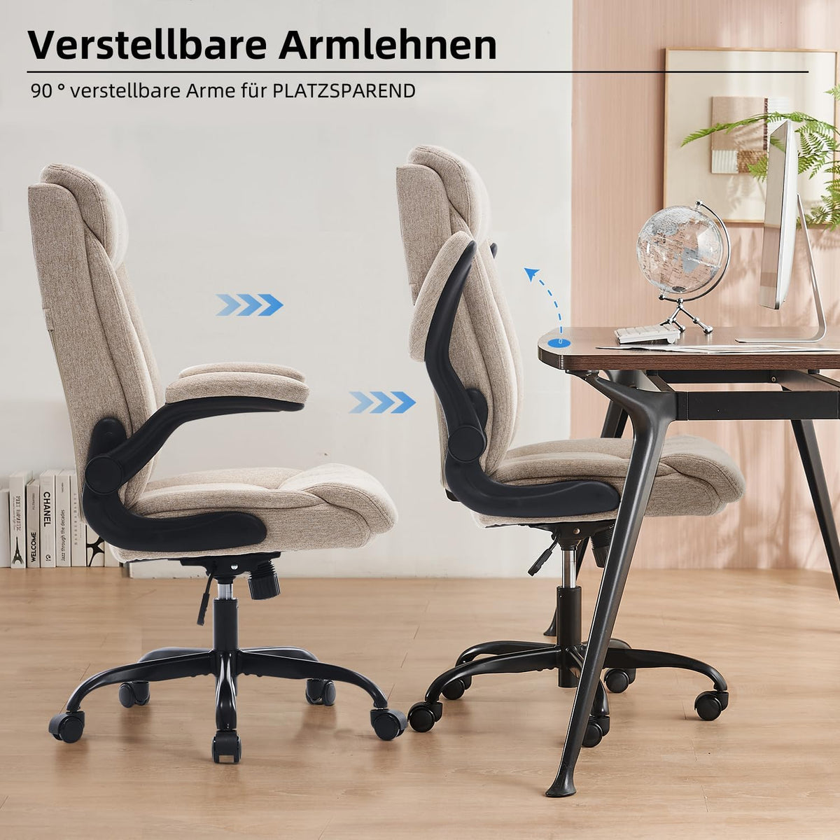 Ergonomiczne krzesło biurowe, krzesło do komputera, obrotowe krzesło robocze ze składanym podłokietnikami, regulacja wysokości, wygodne, do biura, domu, gier (szary materiał) (Czarny)