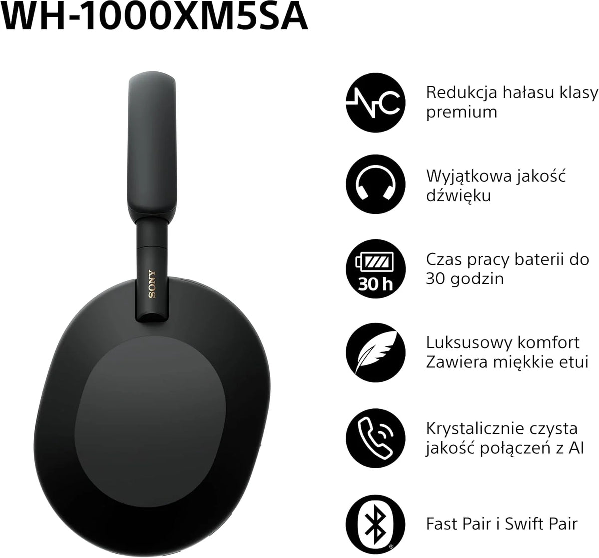 Sony WH-1000XM5 ANC Bezprzewodowe słuchawki nauszne z redukcją hałasu, Bluetooth, krystalicznie czystą jakością rozmów, Hi-Res, do 30 godzin pracy na baterii, szybkie ładowanie, Alexa i Asystent Google, iOS i Android - Czarne