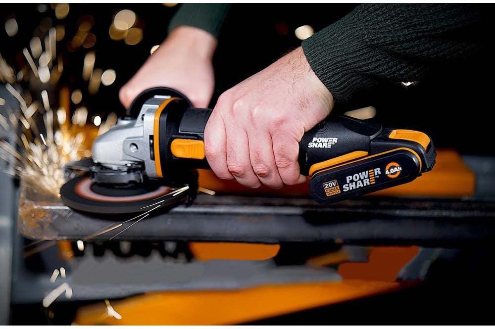 WORX | Szlifierka kątowa 125 mm 20 V | PowerShare | WX803 | W zestawie 2 akumulatory 2 Ah i 4 Ah | Blokada wrzeciona | Przełącznik boczny | Beznarzędziowy system szybkiej regulacji | Uchwyt pomocniczy
