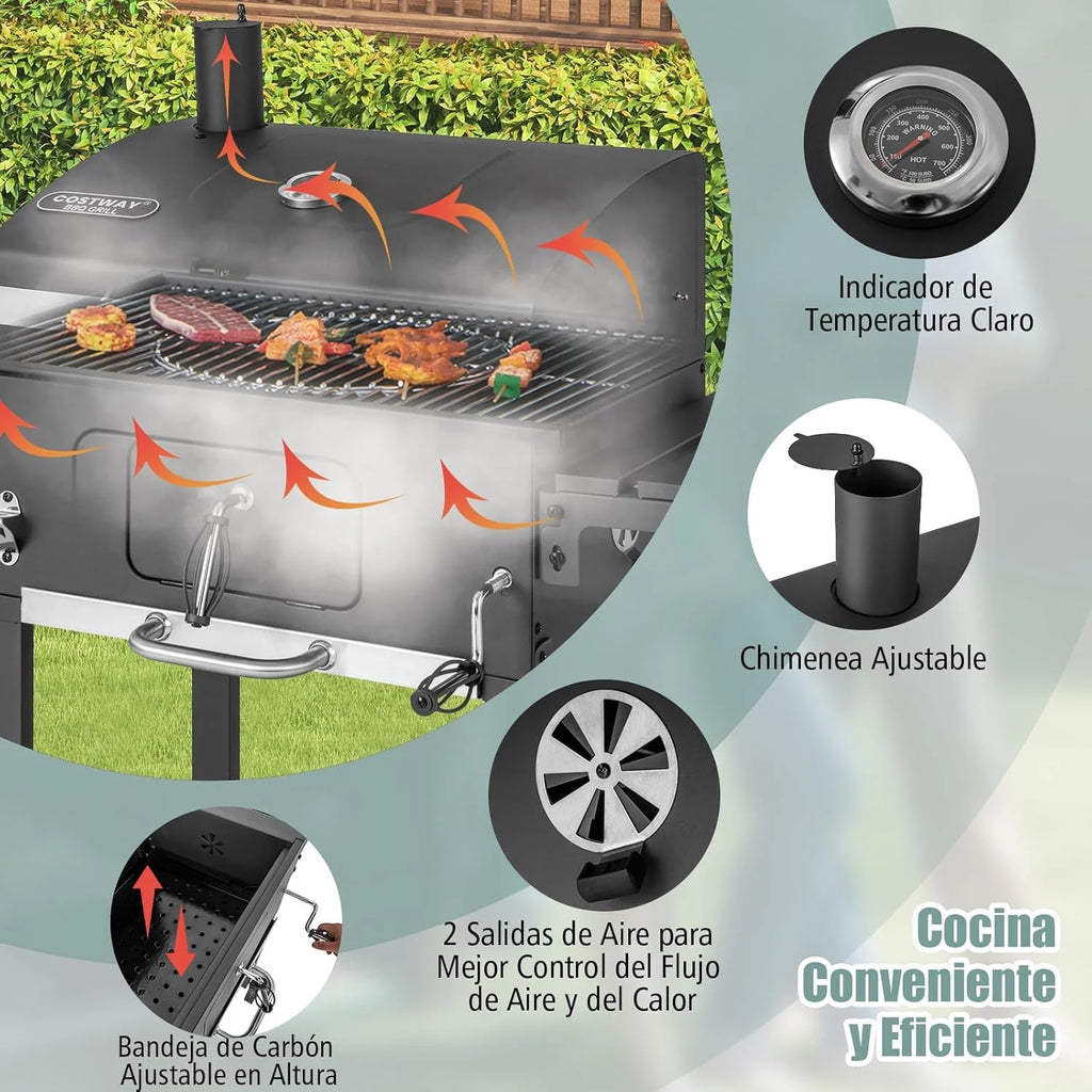 COSTWAY Grill Węglowy XXL, Przenośny Grill Ogrodowy 128 x 54 x 117 cm, z Pokrywą, Termometrem, 2 Składanymi Stolikami Bocznymi, 8 Haczykami, 2 Kółkami i Otwieraczem do Butelek