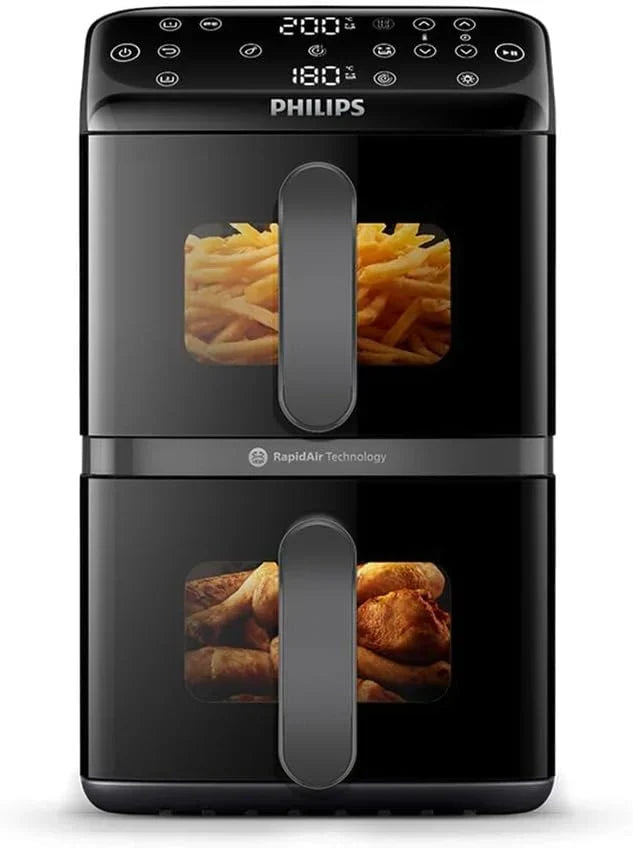 Philips Airfryer seria 4000 Podwójny pionowy kosz 10 l – Technologia RapidAir, synchronizacja, 2 kosze jednocześnie, 45% mniej miejsca, powłoka ceramiczna bez PFAS, okienka podglądu (NA460/00)