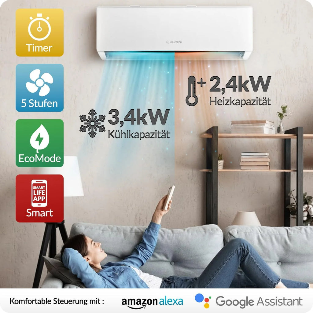 Klimatyzator ścienny HANTECH 12000 BTU H-PRO z funkcją grzania i chłodzenia, filtr powietrza, WIFI, materiały montażowe