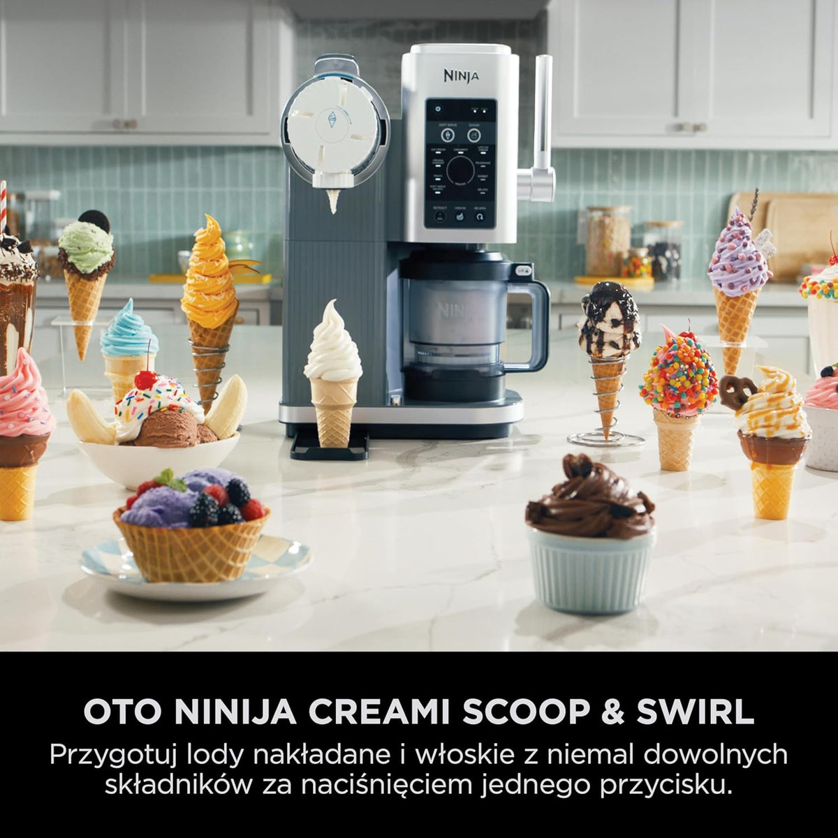 Ninja CREAMI Scoop & Swirl maszynka do lodów z 2 pojemnikami, 13 funkcji, przygotowuje lody, lody włoskie, gelato, sorbety, koktajle mleczne i inne desery, opcja dodatków, Srebrny, NC701EU