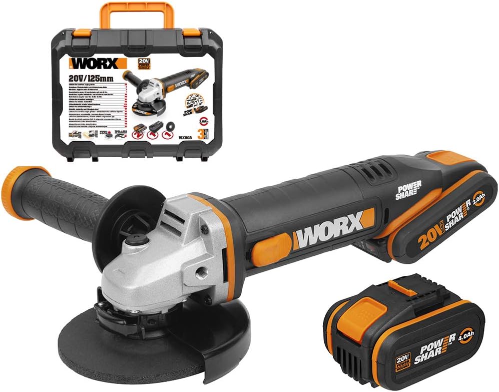 WORX | Szlifierka kątowa 125 mm 20 V | PowerShare | WX803 | W zestawie 2 akumulatory 2 Ah i 4 Ah | Blokada wrzeciona | Przełącznik boczny | Beznarzędziowy system szybkiej regulacji | Uchwyt pomocniczy
