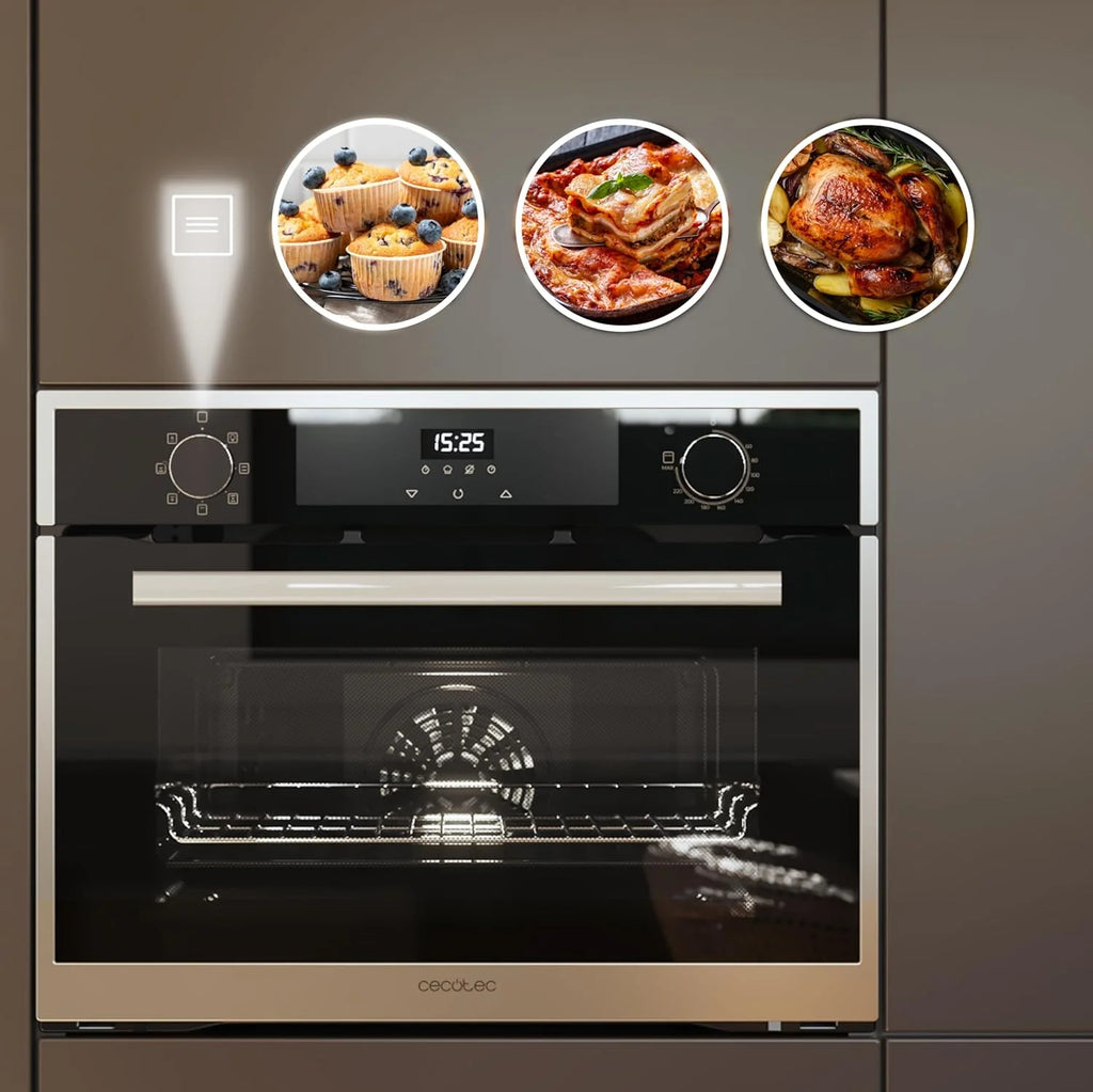 Cecotec Piekarnik do zabudowy 45 cm wysokości, wielofunkcyjny Bolero Hexa M224500 Edge A. 2600 W, pojemność 53 l, 7 funkcji, grill, grill wspomagany wentylatorem, termoobieg, rozmrażanie, Steam Base X2, Steam EasyClean, para