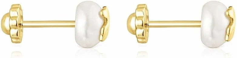 TOUS Kolczyki niemowlęce z 18-karatowego złota z perłą hodowlaną 0,6 cm i motywem 0,45 cm, z zapięciem na sztyft, eleganckie i ponadczasowe, kolekcja Icon Pearl