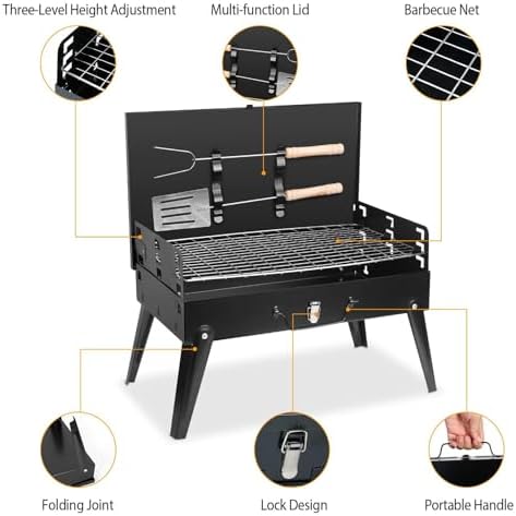 Przenośny grill węglowy ze stali nierdzewnej, składany grill na świeżym powietrzu z haczykami narzędziowymi na kemping, piknik, ogród, imprezę, podróż, idealny do gotowania na świeżym powietrzu
