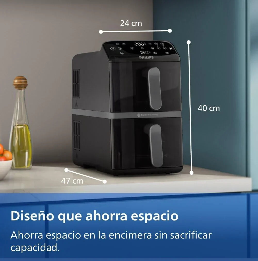 Philips Airfryer seria 4000 Podwójny pionowy kosz 10 l – Technologia RapidAir, synchronizacja, 2 kosze jednocześnie, 45% mniej miejsca, powłoka ceramiczna bez PFAS, okienka podglądu (NA460/00)