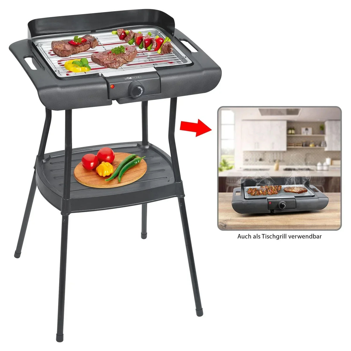 Grill Elektryczny Ze Stojakiem, Chromowany Ruszt, Regulacja Temperatury, Wewnątrz / Na Zewnątrz Czarno/srebrny 2000w Clatronic Bqs 3508