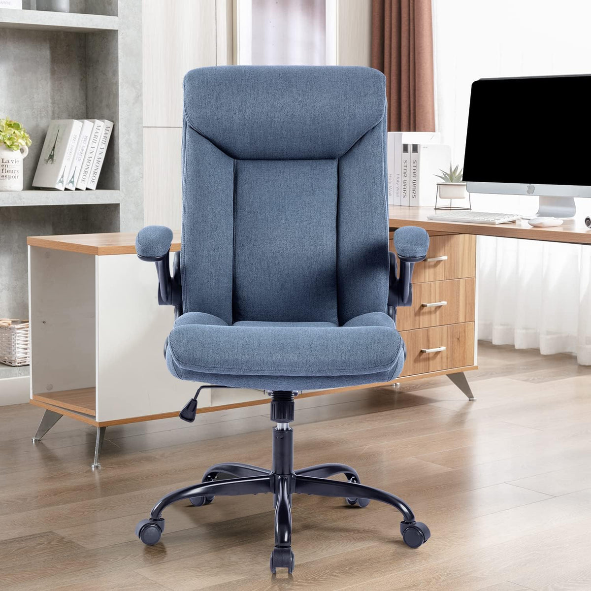 Ergonomiczne krzesło biurowe, krzesło do komputera, obrotowe krzesło robocze ze składanym podłokietnikami, regulacja wysokości, wygodne, do biura, domu, gier (szary materiał) (Czarny)
