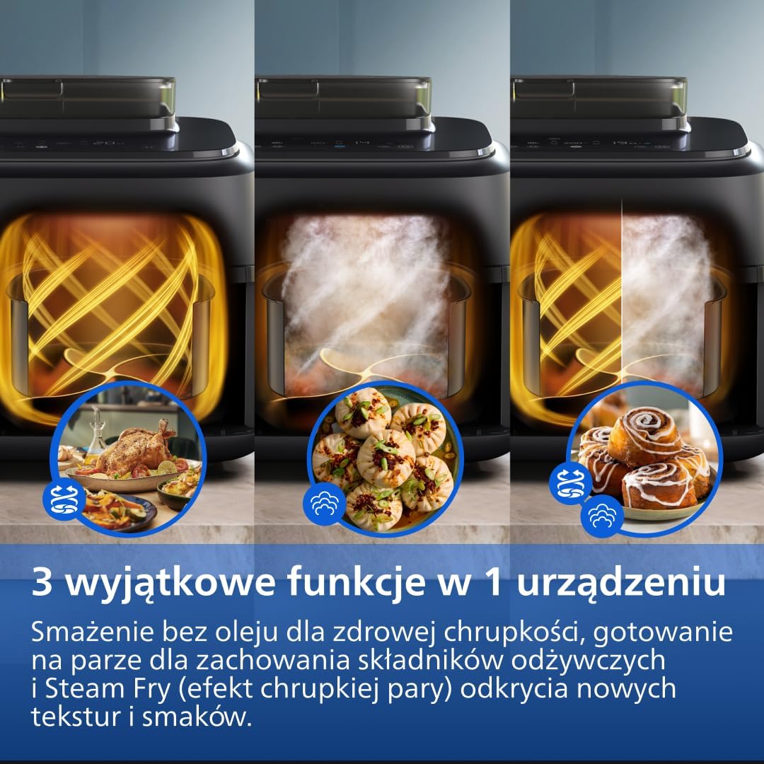 Philips Ovi Dual Basket z parą - Wyjątkowe funkcje gotowania Steamfry, Gotowania na parze, Airfry - 19 sposobów gotowania; pojemność 9L (3L + 6L), RapidAir Plus, automatyczne SteamClean (NA550/00)