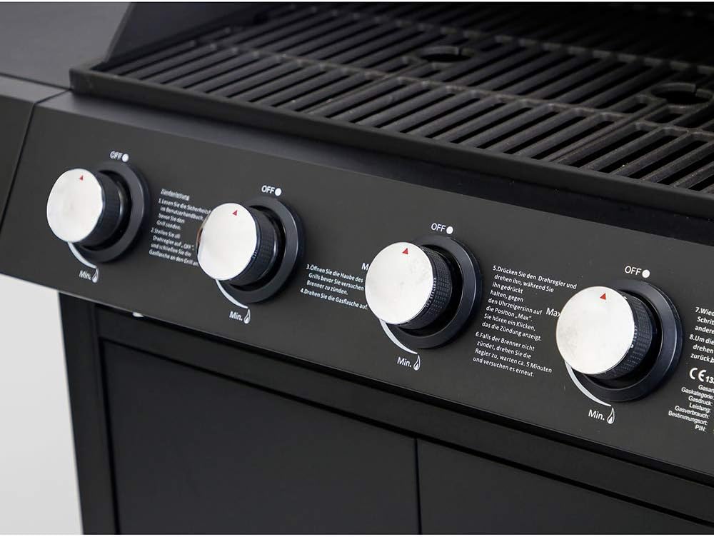 El Fuego® Grill gazowy "San Angelo 4+1", 4 główne palniki + 1 palnik boczny, stal nierdzewna, w zestawie wąż gazowy i reduktor ciśnienia, grill na kółkach, AY 582