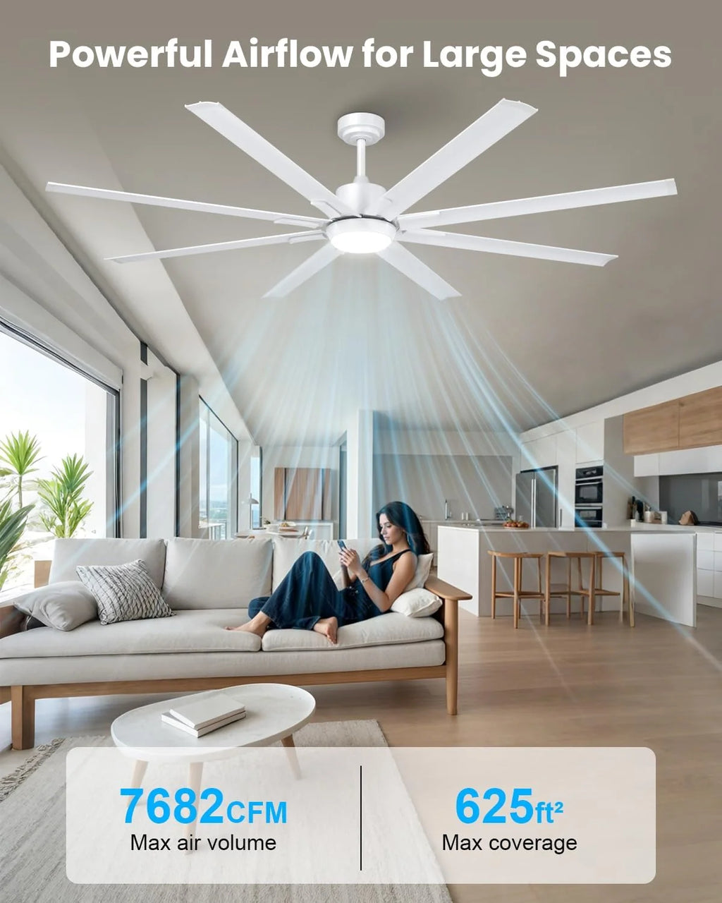 Wentylator Sufitowy 183cm Bardzo Duży z 8 Aluminiowymi Łopatkami, Lampą i Pilotem, Cichy z Odwracalnym Silnikiem DC do Użytku Zewnętrznego, na Taras, do Dużych Pomieszczeń