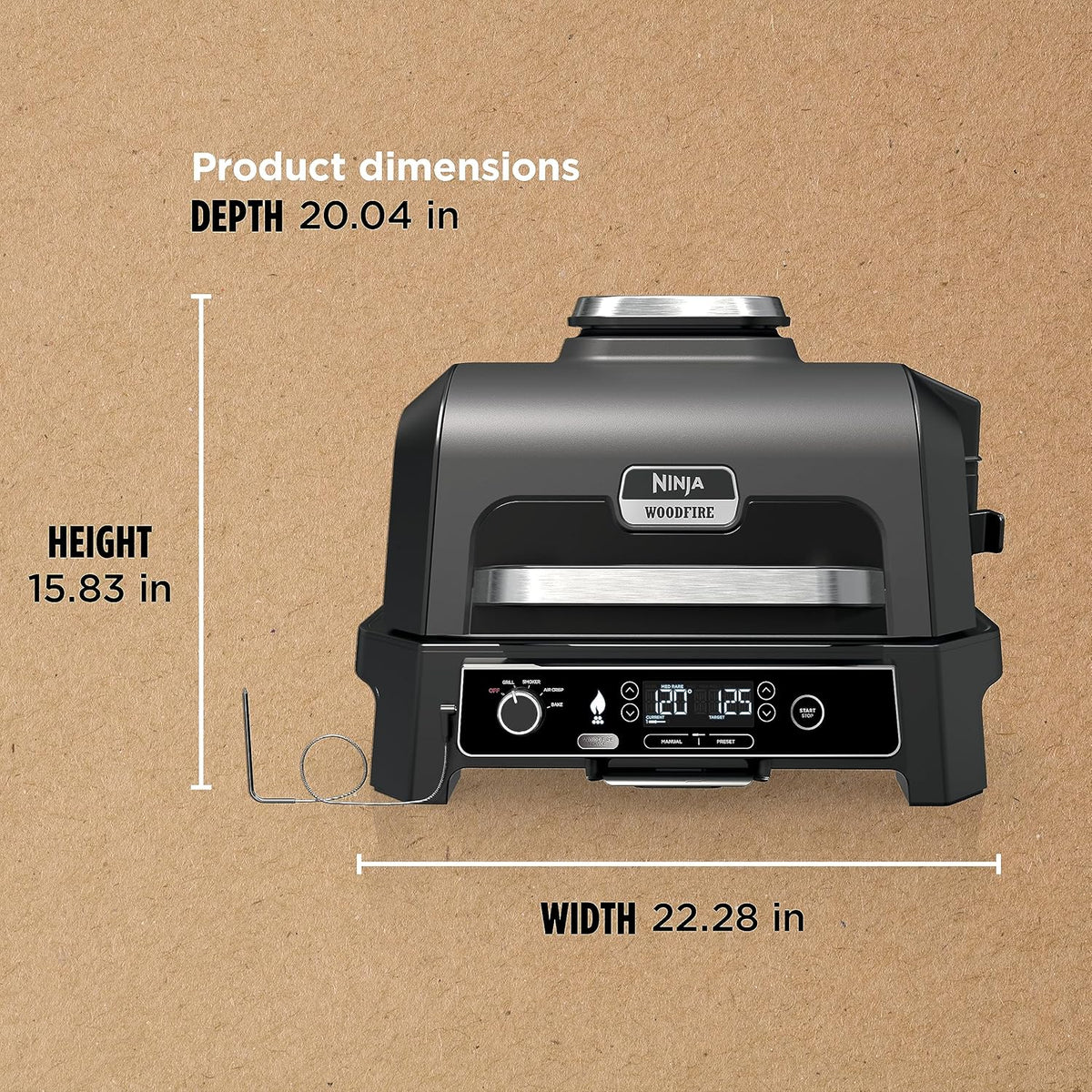 Ninja Woodfire Pro XL Grill i Wędzarnia Zewnętrzna, termometr, master grill 4 w 1, grill wędzarniczy, zewnętrzna frytownica powietrzna, piekarnik, przenośny, grill elektryczny, ciemnoszary, model OG850, 2026