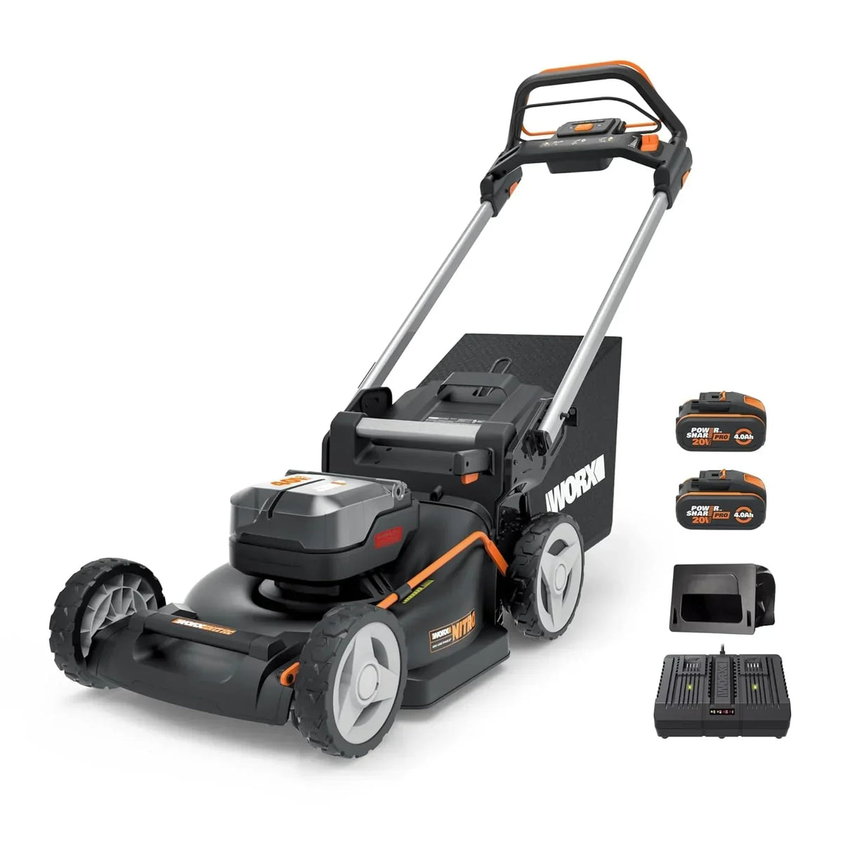 Kosiarka WORX WG737E Nitro z akumulatorem 40 V (2 x 20 V), mocny silnik bezszczotkowy, szerokość koszenia 37 cm, 6-stopniowa regulacja wysokości koszenia (20–70 mm), kosz na trawę 40 l