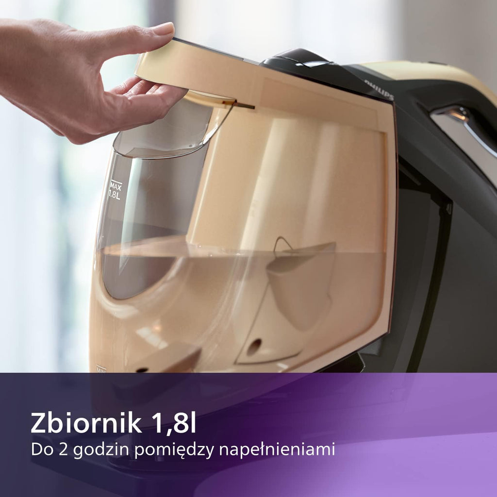 Philips Generator Pary PerfectCare z serii 8000-2700W, Silne uderzenie pary 700g, Ciśnienie pompki 8,5 bara, Technologia OptimalTEMP, Zbiornik 1,8l, Czarny/Złoty (PSG8140/80)