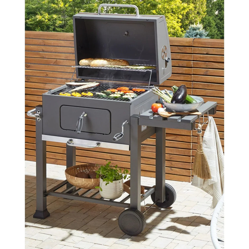 Grill węglowy stalowy szary z pokrywą rusztem kółkami 2 półkami termometrem wyjmowanym popielnikiem ogród Pavlof - szary