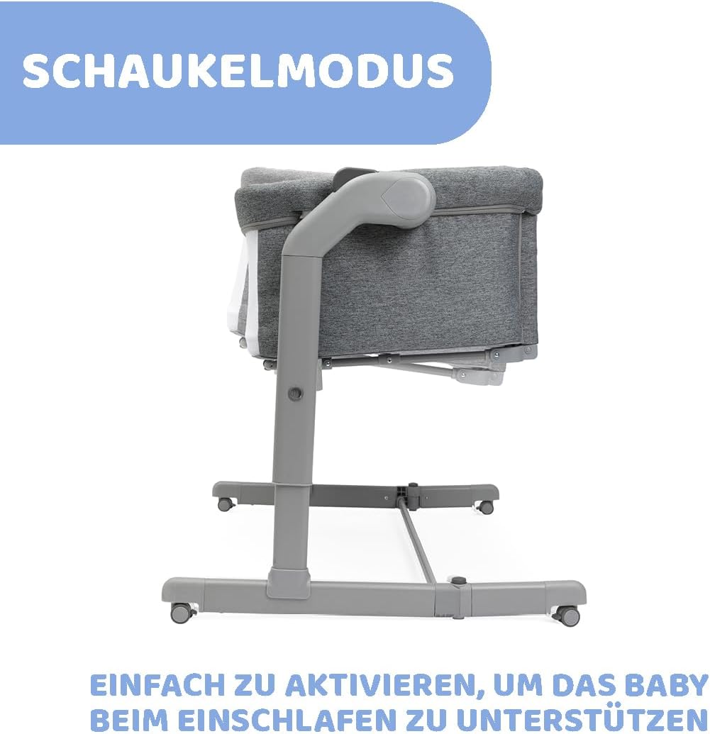 Chicco Next2Me Magic Evo Łóżko boczne łóżeczka dziecięcego z trybem huśtania, odchylanym oparciem, 11 poziomami wysokości, regulowaną wysokością, 4 kółkami, z materacem i torbą podróżną, beżowe