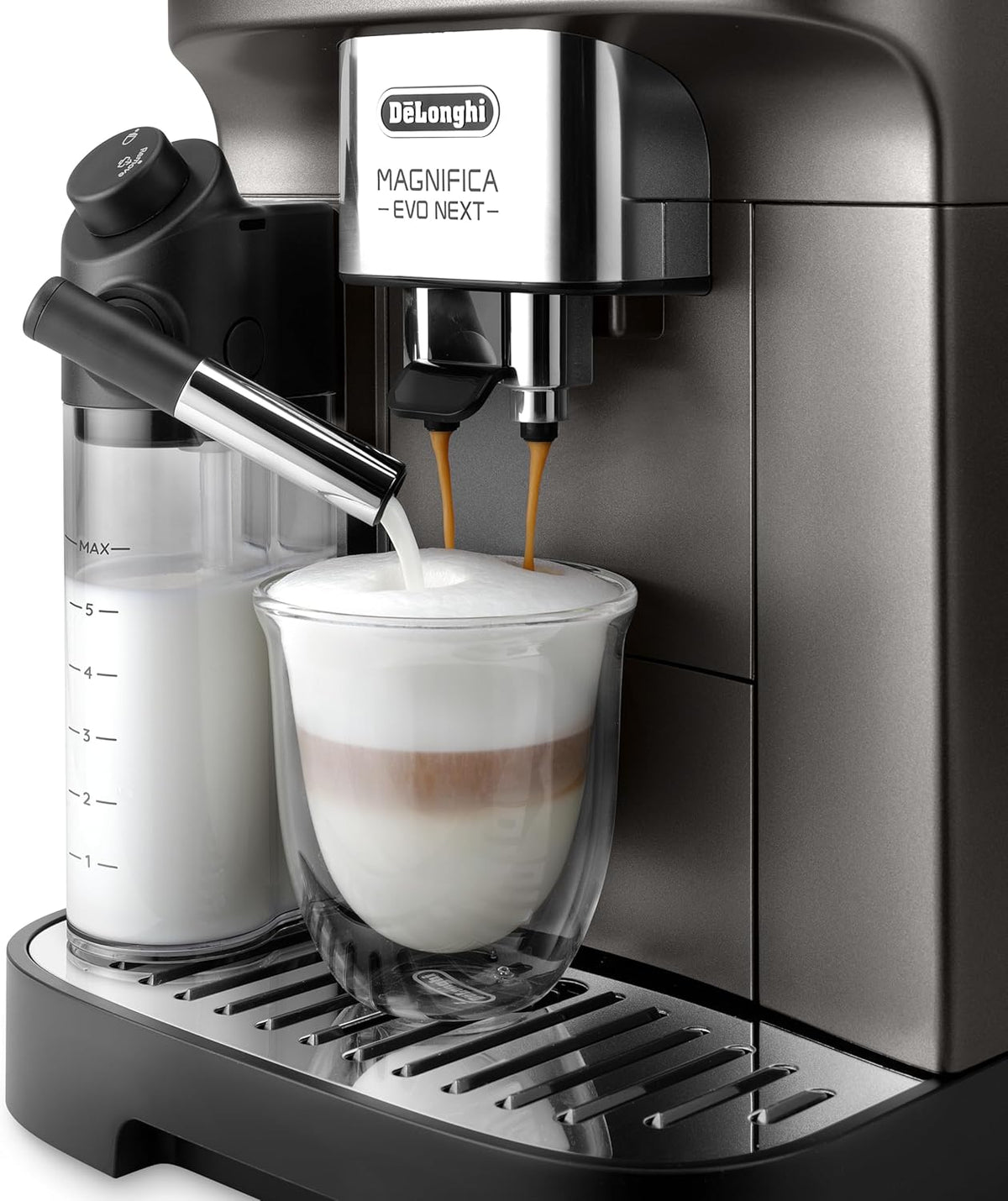 De'Longhi Wspaniały Evo Next ECAM312.80.TB, automatyczny ekspres do kawy z mlekiem, ekspres do kawy i cappuccino z intuicyjnym wyświetlaczem dotykowym, 1450 W, czarny/tytanowy