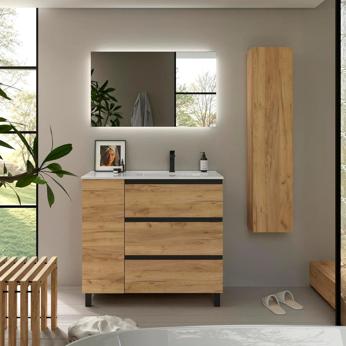 Szafka łazienkowa BEQUIA Plus Metal 3C 90cm Dąb | Umywalka ceramiczna, Bateria po prawej