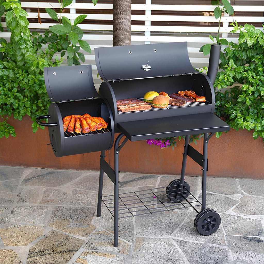 XXL grill na węgiel drzewny, przenośny, do użytku na zewnątrz, z pokrywką, offset, grill z kółkami i termometrem, idealny na piknik, do ogrodu, na kemping i tylną klapę