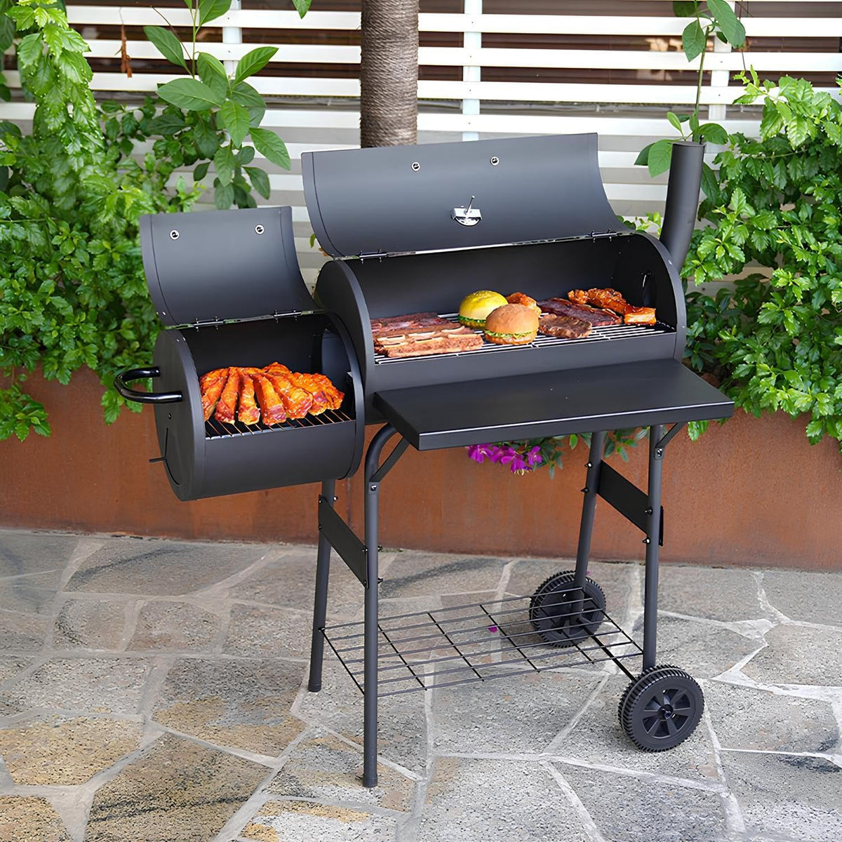 XXL grill na węgiel drzewny, przenośny, do użytku na zewnątrz, z pokrywką, offset, grill z kółkami i termometrem, idealny na piknik, do ogrodu, na kemping i tylną klapę