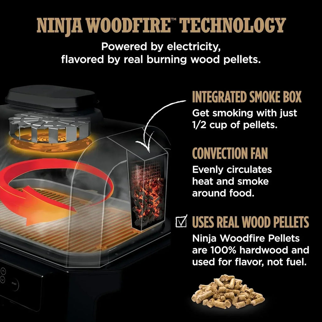 Ninja Woodfire Pro XL Grill i Wędzarnia Zewnętrzna, termometr, master grill 4 w 1, grill wędzarniczy, zewnętrzna frytownica powietrzna, piekarnik, przenośny, grill elektryczny, ciemnoszary, model OG850, 2026