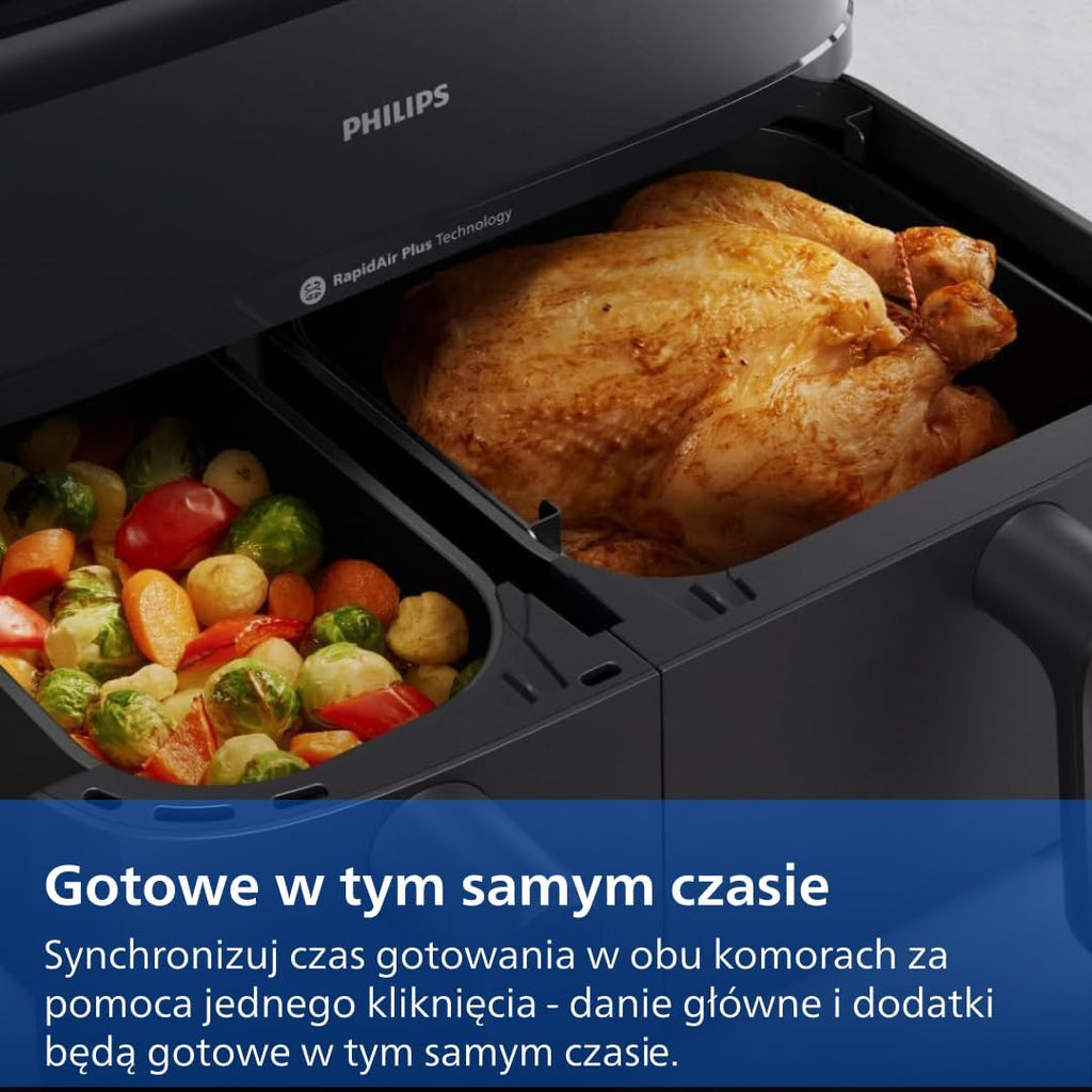 Philips Ovi Dual Basket z parą - Wyjątkowe funkcje gotowania Steamfry, Gotowania na parze, Airfry - 19 sposobów gotowania; pojemność 9L (3L + 6L), RapidAir Plus, automatyczne SteamClean (NA550/00)