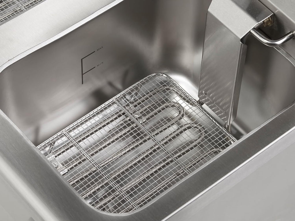 METRO Professional Frytkownica podwójna GDF5028, stal nierdzewna SS304, 2x 8 L, z kranem, regulatorem temperatury, strefą zimną, srebrna