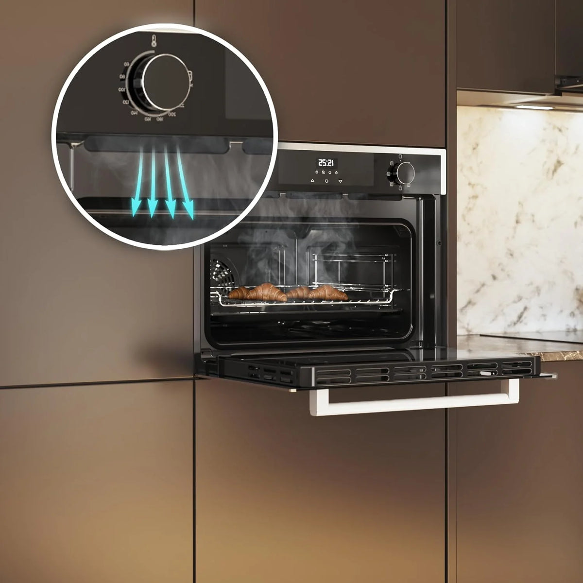 Cecotec Piekarnik do zabudowy 45 cm wysokości, wielofunkcyjny Bolero Hexa M224500 Edge A. 2600 W, pojemność 53 l, 7 funkcji, grill, grill wspomagany wentylatorem, termoobieg, rozmrażanie, Steam Base X2, Steam EasyClean, para