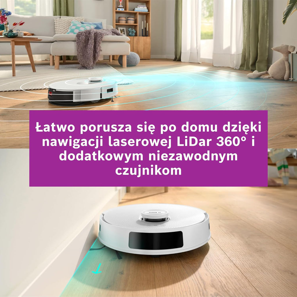 Bosch Spotless+ Robot sprzątający z funkcją mopowania, moc ssania 11 000 Pa, statyczna nakładka mopującą, stacja czyszczącą, nawigacją Smart Vision, aplikacja Bosch Home Connect, BCRD1W, biały