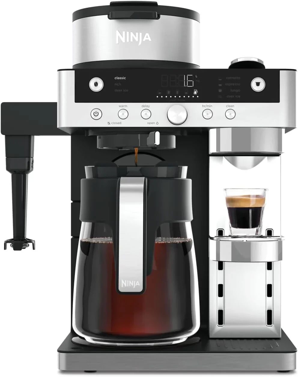 Ekspres do kawy Ninja Prestige CFN802EU 2 w 1 na kawę mieloną i w kapsułkach, ze zintegrowanym spieniaczem, do przygotowywania kaw latte, kaw mrożonych i flat white, kolor czarny