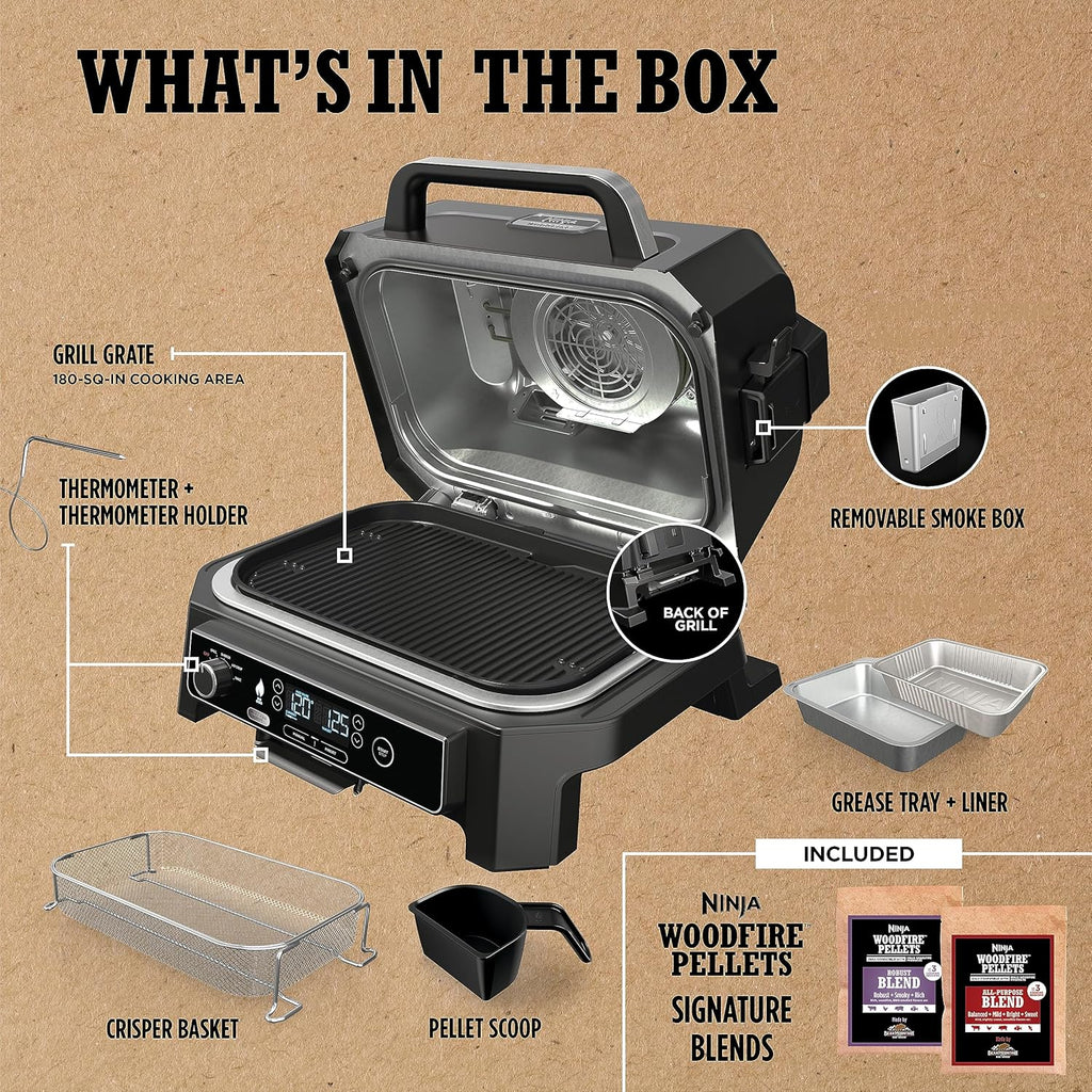Ninja Woodfire Pro XL 4 w 1, grill i wędzarnia ogrodowa, termometr, główny grill 4 w 1, grill wędzarniczy, zewnętrzna frytkownica powietrzna, piekarnik, przenośny, grill elektryczny, ciemnoszary, model OG850