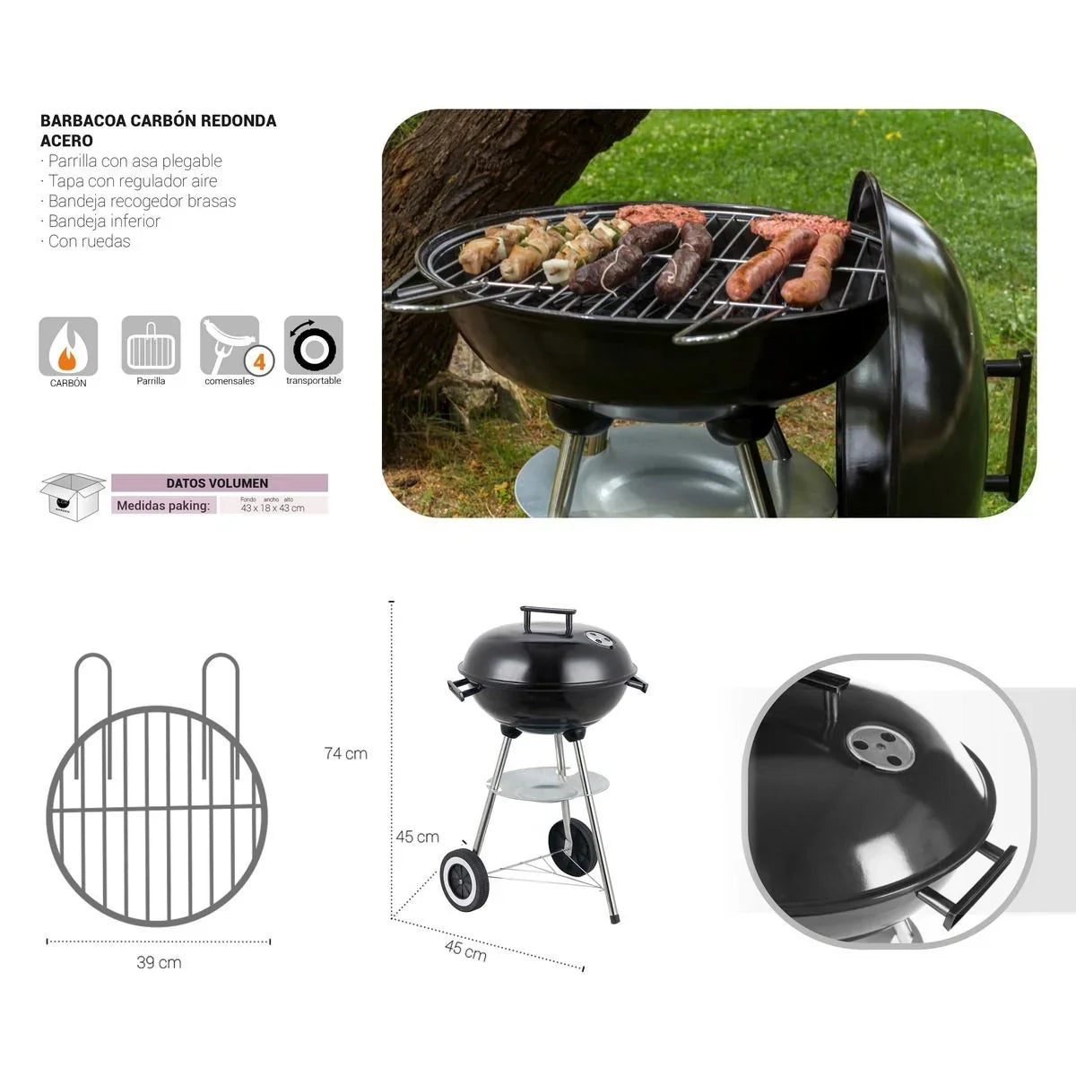 Lolahome Węglowy Grill Z Rusztem Stalowym, 74x45x41cm, Czarny
