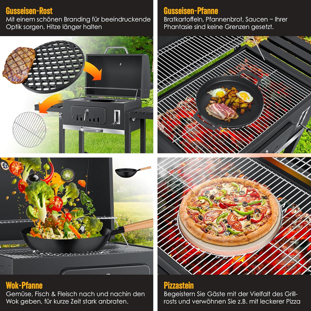 KESSER® Grill węglowy z wózkiem, grillem z pokrywką, kółkami, uchwytem ze stali nierdzewnej | Duży grill węglowy z termometrem BBQ, na kemping, taras, do ogrodu XXL Szary