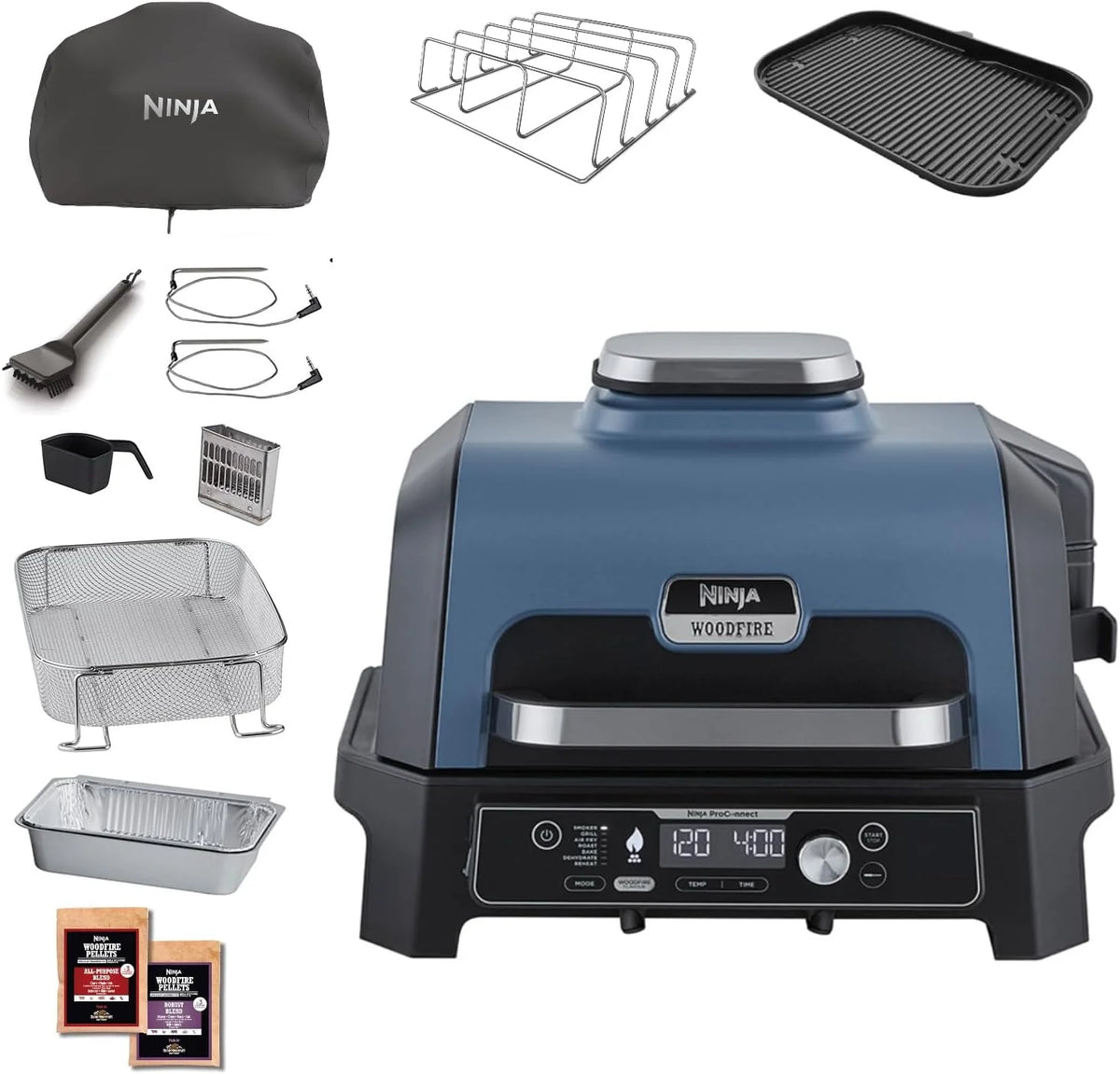 Ninja Woodfire Pro Connect XL Grill elektryczny BBQ i wędzarnia ze sterowaniem przez aplikację, 2 cyfrowe sondy, duży grill zewnętrzny i 7 w 1, smażenie beztłuszczowe, OG901EUAMZ