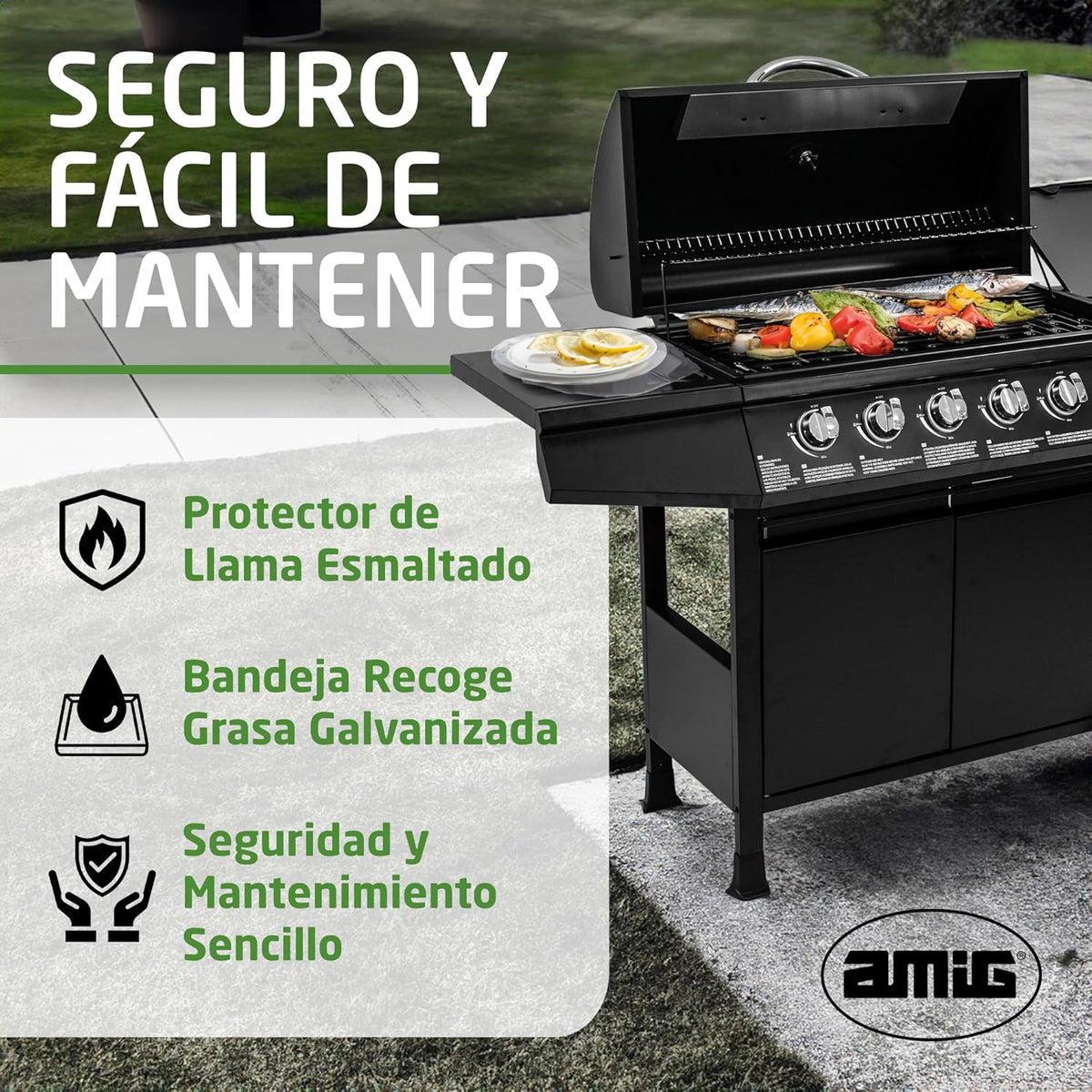 Grill gazowy Fireplus 6+1 12,9 kW – Stal nierdzewna Czarny – Grill na kółkach Model GRILL-6F – Grill XXL z wózkiem i termometrem – 138x52x103 cm – 7 palników i półka boczna