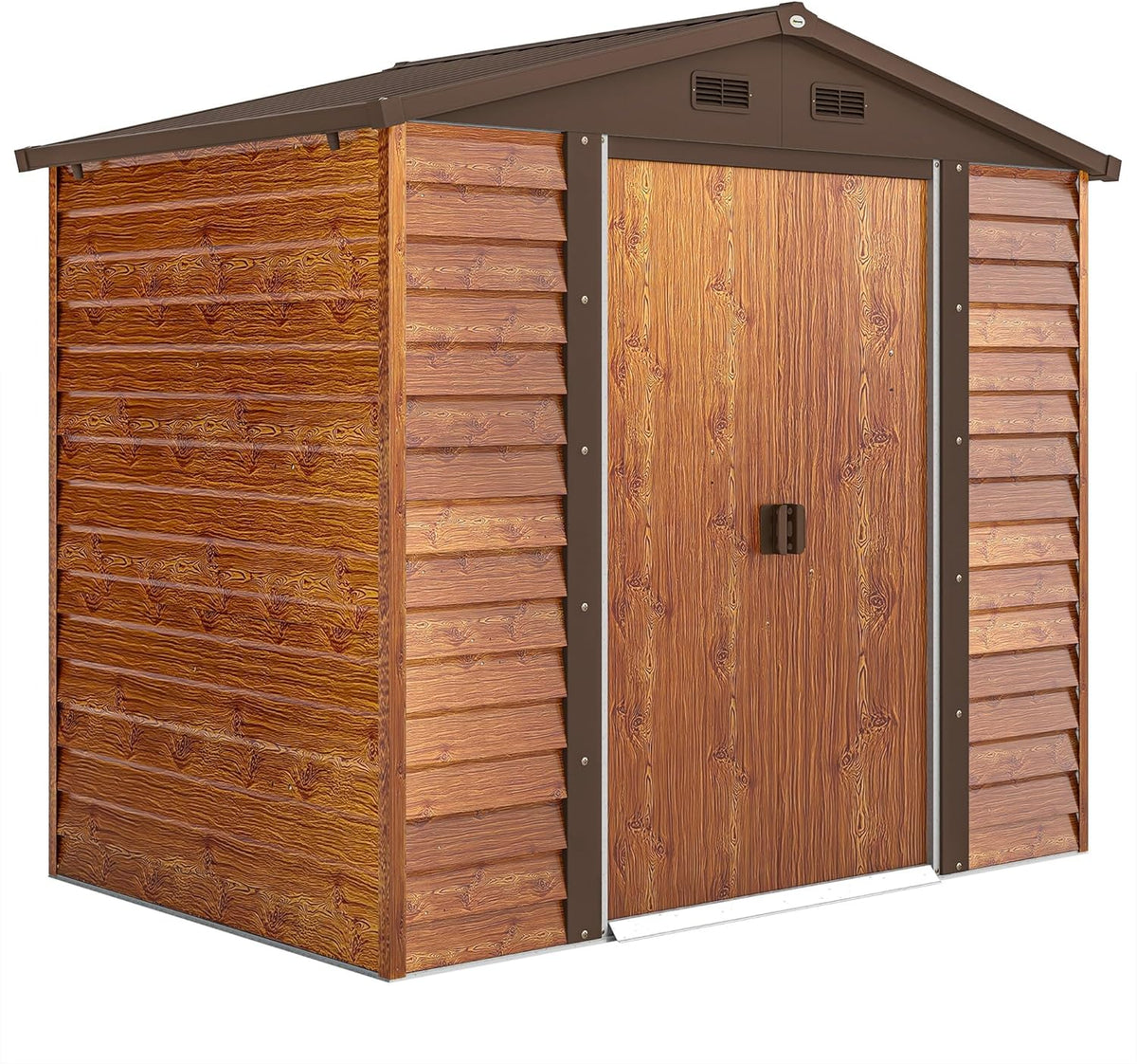 Outsunny Domek Ogrodowy Zewnętrzny 3 m² 235,7x152x208,7 cm Metalowa Szopa Ogrodowa Z 2 Drzwiami Przesuwnymi I 4 Oknami Do Przechowywania Narzędzi Efekt Naturalnego Drewna i Kawy