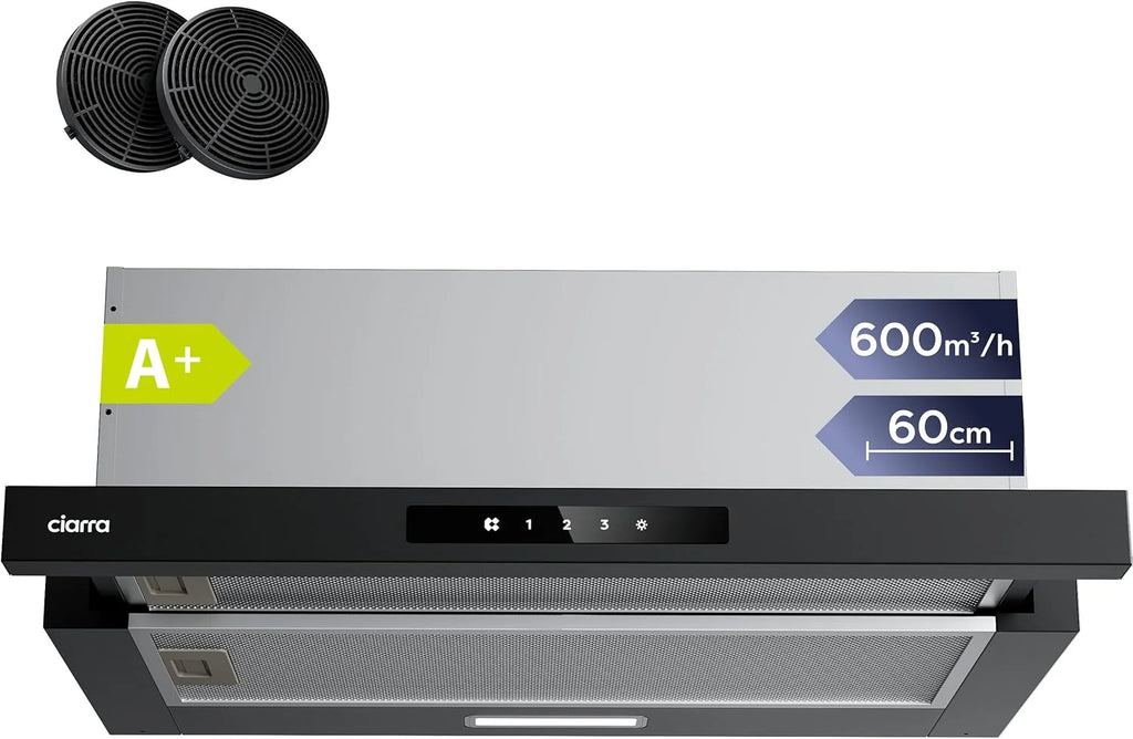 CIARRA CBCB6909A Okap Teleskopowy Czarny Kuchenny 60 cm 600 m³/h Klasa A+ 3 Poziomy Sterowania Dotykowego Oświetlenie LED Filtr Węglowy CBCF055