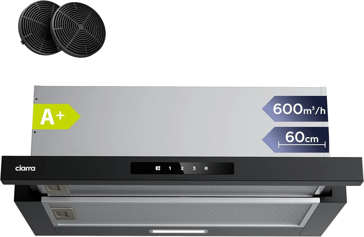 CIARRA CBCB6909A Okap Teleskopowy Czarny Kuchenny 60 cm 600 m³/h Klasa A+ 3 Poziomy Sterowania Dotykowego Oświetlenie LED Filtr Węglowy CBCF055