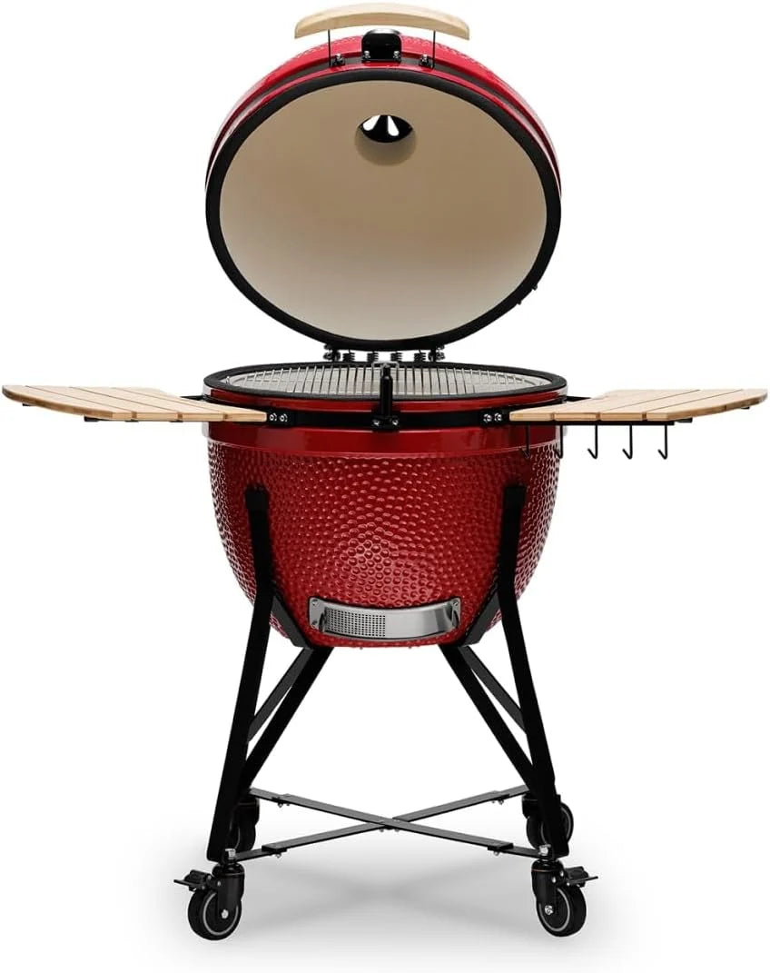 Kamado BONO BBQ -  Grill Kamado Grande XXL z 10 akcesoriami - Ø 64 cm Grill Kamado z akcesoriami - Wędzarnia w kolorze czerwonym na taras, balkon lub do ogrodu