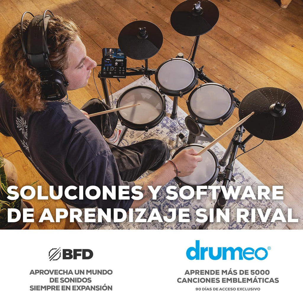 Alesis Nitro Max Kit – Elektroniczna perkusja z cichymi naciągami siateczkowymi, dwustrefowym padem werbla 10", Bluetooth, 440+ autentycznych brzmień, lekcjami Drumeo, USB MIDI, pedałem stopy