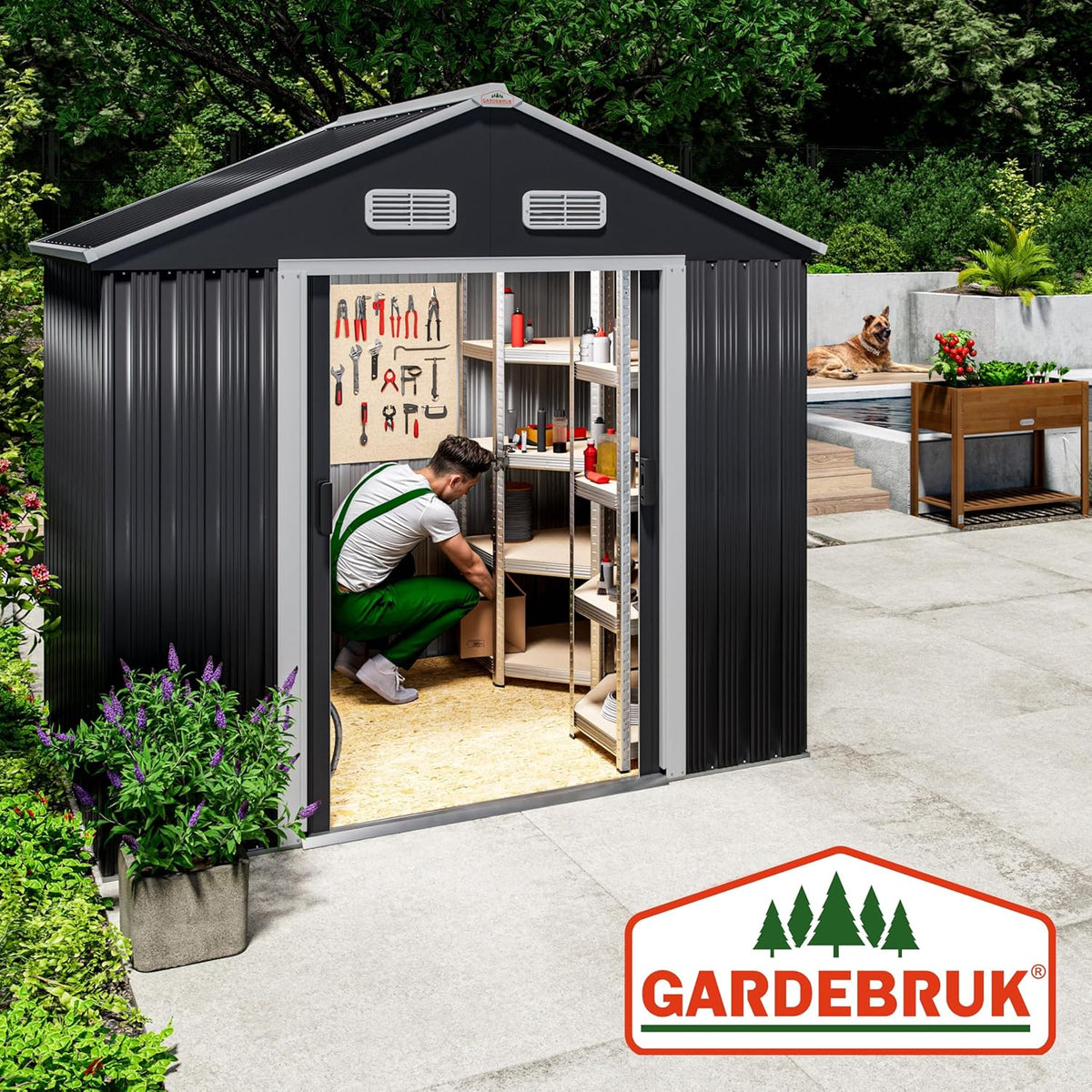 GARDEBRUK® Szopa Ogrodowa 2 m² 196x132x188cm Metalowa Szopa Zewnętrzna 4m³ z Podstawą Drzwi Przesuwne Antracyt